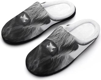 Generic Black White Highland Cow Mens House Slippers Memory Foam Washable Cotton Slip on Home Shoes