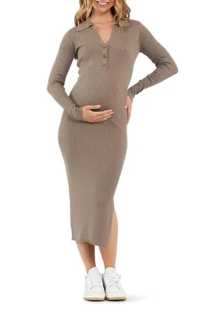Ripe Sammy Rib Long Sleeve Maternity/Nursing Polo Dress in Mocha at Nordstrom, Size X-Large