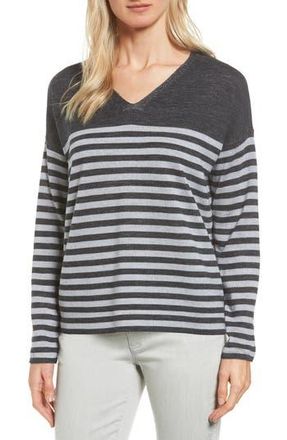 Eileen Fisher Stripe Merino Wool Pullover in Charcoal/Dark Pearl at Nordstrom Rack, Size Large