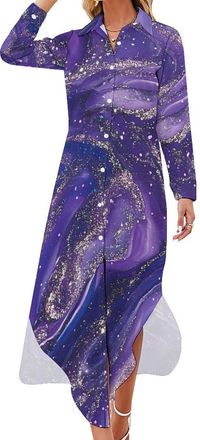 Generic Purple Glitter Pattern Womens Casual Long Sleeve Shirt Dress Button Down Maxi Sundress Swallowtail Hem Dresses 6XL
