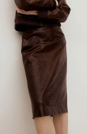 Mango Croc-Embossed Faux Leather Midi Skirt in Brown at Nordstrom, Size 4