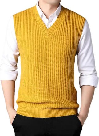 Generic Men V Neck Knit Pullover Street Striped Knitted Pullover Men Sleeveless Casual Sweater Vest Yellow M