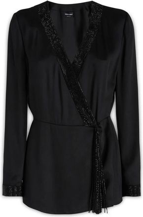 Giorgio Armani Lange Satijnen Jas met Strass en Kristallen Afwerking - Dames - Blouses - Zwart - M - Satijn - Overhemden