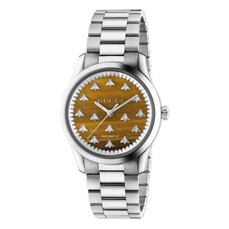 Gucci Stalen kast- bruine tijgeroog steen wijzerplaat met bijen- stalen armband - Dames - Horloges - Grijs - ONE Size - Accessoires