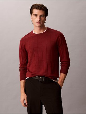 Calvin Klein Mens Merino Grid Crewneck Sweater - Red - XL