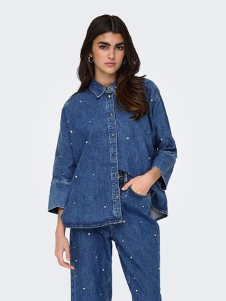 Only Jeansbluse ONLY ONLGRACE 3/4 RHINESTONE MB DNM SHIRTNOOS, Damen, Gr. XS, blau (medium blau denim), Web, Obermaterial: 100% Baumwolle, unifarben, overs