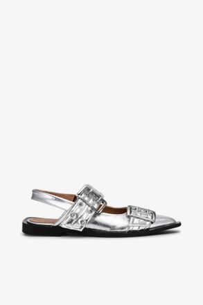 Ganni Feminine Buckle Ballerinas in Silver - Size 10