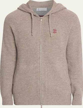 Brunello Cucinelli Mens Cashmere Rib Full-Zip Hoodie