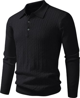 Generic Mens Knit Polo Shirts Casual Long Sleeve Classic Stretchy Cotton Plus Size Collared Going Out Jumper Solid Color Trendy Warm Button Up Slim Fit Sweate