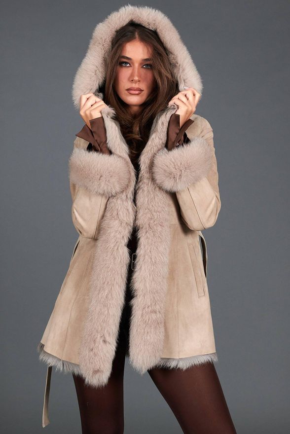 Cappottino in montone scamosciato beige con cappuccio in volpe DArienzo, Seleziona Taglia XXL, Colore Beige
