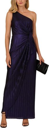 Adrianna Papell One Shoulder Metallic Knit Draped Gown