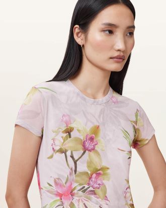 AllSaints Polyester Ellie Floral Print Mesh T-Shirt, Size: UK 14/US 10