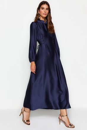 Trendyol Modest Dames Donkerblauw Effen Maxi Lang Stijlvol/Avond A-lijn Modest Avond Jurken