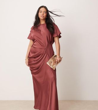Asos Curve ASOS DESIGN Curve satin flutter sleeve maxi dress in washed burgundy-Red