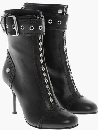 Alexander McQueen Leather Zip-Up Booties with Buckled Strap 9cm size 36