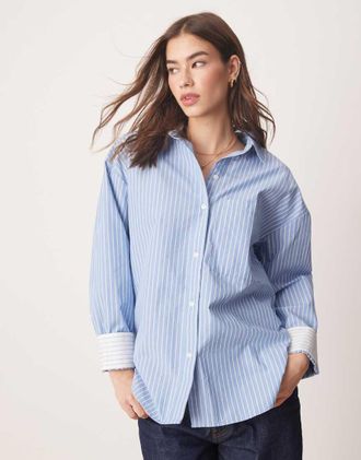 Abercrombie & Fitch long sleeve oversized poplin shirt in blue and white stripe