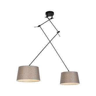 QAZQA R&uacute;stico L&aacute;mpara Colgante Negra Con Pantallas De Lino Color Topo 35 Cm 2 Luces - Blitz Lino /acero Cil&iacute;ndra /alargada /redonda Adecuado Para Led Max. 2