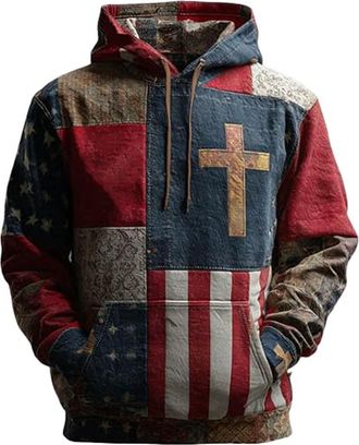 Generic Christian Sweatshirts for Men Faith Casual Cross Flag Print Hooded Sweatshirt Vintage Graphic Pullover Long Sleeve Shirt, B01-Blue, 3XL