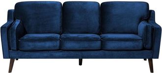 Beliani Modern 3 Seater Sofa Upholstered Velvet Solid Oak Wood Legs Dark Blue Lokka