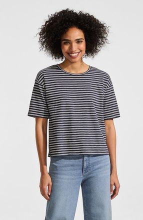 Lands End Short Sleeve Slub Jersey Cutwork T-Shirt in Faded Navy/ivory Latte Stripe at Nordstrom, Size Small