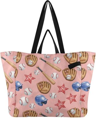 Generic Baseball Pink print Reusable Canvas Tote Bag, Heavy Duty Grocery Shopping Bag with Large Capacity Double Handles Hard Bottom Work Groceries Travel