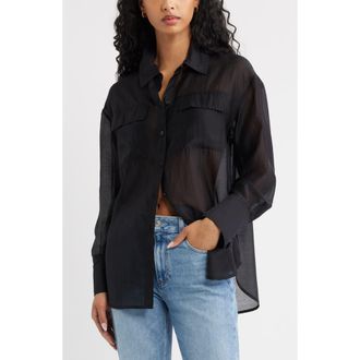 Open Edit Oversize Organza Button-Up Shirt in Black at Nordstrom, Size Xx-Small/x-Small