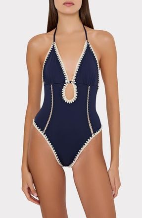 Milly Cutout Crochet Trim One-Piece Swimsuit in Navy at Nordstrom, Size Large