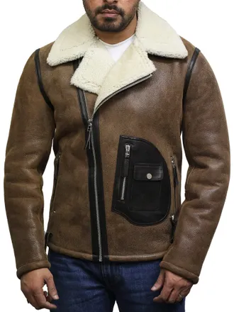 Brandslock Men Aviator Real Shearling Sheepskin Leather Bomber Flying Jacket (L, Vintage Brown)