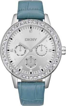 DKNY 316L Leather Strap Watch in Light Blue at Nordstrom Rack