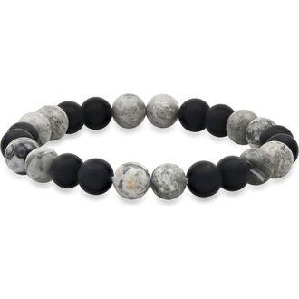 Steeltime Mens Black Lava & Grey Agate Stone Stretch Beaded Bracelet in Black-Gray at Nordstrom Rack