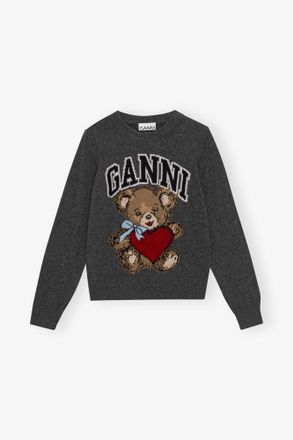 Ganni Grey Dark Graphic Bear Sweater - Size 4XL Wool