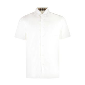 Burberry Overhemden, Heren, Wit, S, Katoen, Popeline overhemd met korte mouwen en vintage ruitdetail