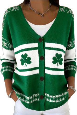 Generic St. Patricks Day Cardigan Womens Shamrock Graphic Sweater Long Sleeve V Neck Casual Spring Fall Fashion Cardigan Pulllover Tops Green