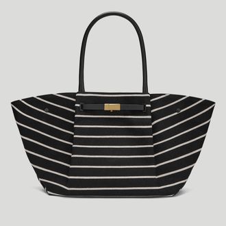 DeMellier The New York in Ecru Striped Black Canvas Leather Shoulder bag