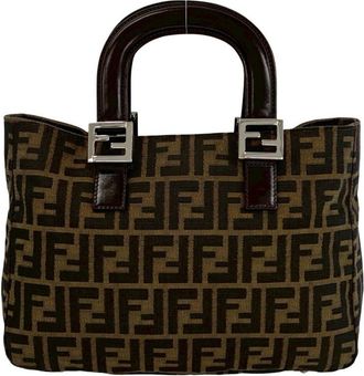 Fendi Black Brown Canvas Leather Handbag Tote Bag (Pre-Owned)