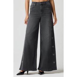 Florence By Mills Crystal Bow High Waist Wide Leg Jeans in Washed Black at Nordstrom, Size 12