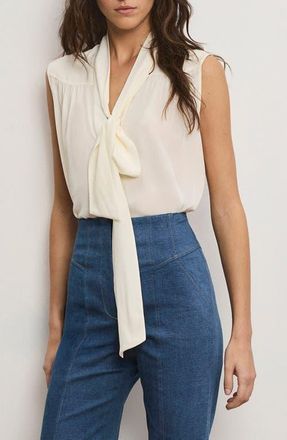 Veronica Beard Magnolia Tie Neck Sleeveless Button-Up Shirt in Dove at Nordstrom, Size 2