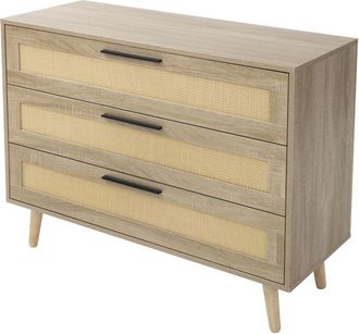 ML Design ML-Design Cassettiera con 3 Cassetti 100x77x40 cm Aspetto Rovere Credenza con Frontale in Rattan e Piedi in Legno Massiccio Credenza Buffet