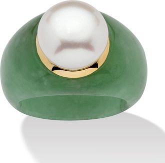 Palm Beach Jewelry Round Cultured Freshwater Pearl Green Jade 10k Yellow Gold Ring