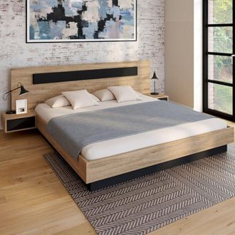 IDMarket Cama doble SANTA con cabecero + mesillas integradas y somier de madera y negro de 180 x 200 cm