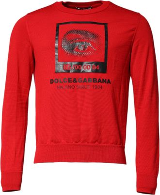 Dolce & Gabbana Red Eye Print Crew Neck Men Pullover Sweater Clothing