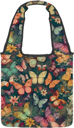 Generic Retro Colorful Butterflies with Flower Reversible Canvas Shoulder Tote - Double-Sided Print, 12oz Cotton, 27cm Drop, Fold-Flat Bag for Travel, Shoppin