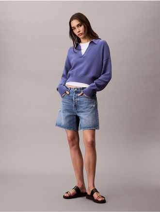 Calvin Klein Womens Smooth Cotton Cropped Polo Sweater - Blue - XS