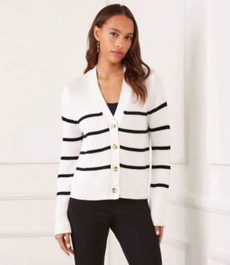 Karen Kane Stripe Cardigan Sweater In Off White With Black