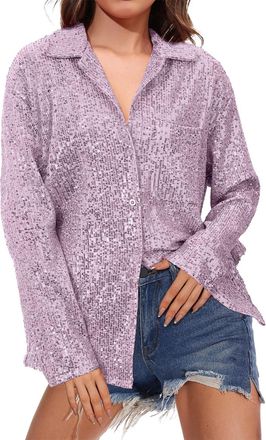 Generic Sparkly Tops For Women Long Sleeve Tops Women Lightweight Summer Tops Linen Tops For Women V Neck Jumper Sequin Tops Going Out Tops With Pocket T-Shir