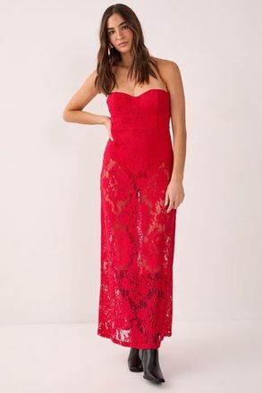 NASTY GAL Lace Bandeau Sheer Maxi Dress in Red at Nordstrom, Size 10