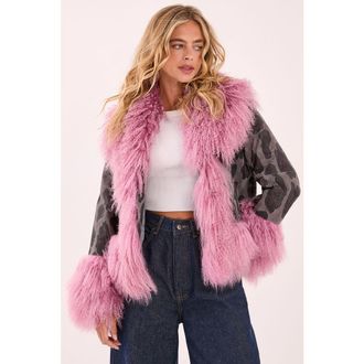 NASTY GAL Printed Shearling Leather Jacket in Charcoal at Nordstrom, Size 10