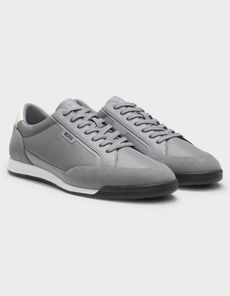 HUGO BOSS Mens BOSS Orange Nitan Mens Suede-Trim Trainers with Ribbed Sole - Medium Grey 033 - Size: 11
