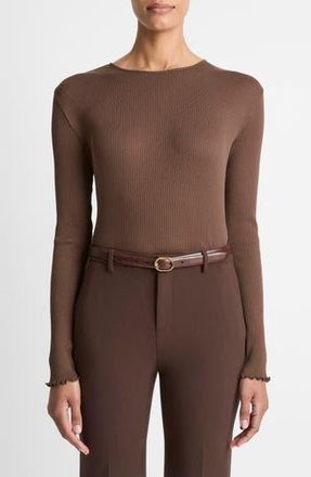 Vince Rib Ruffle Edge Pima Cotton Crewneck Top in Espresso at Nordstrom Rack, Size Xx-Small