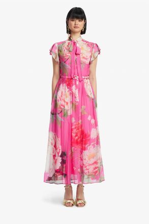 LEO LIN Grace Flutter Sleeve Midi Dress In Fuchsia Peony